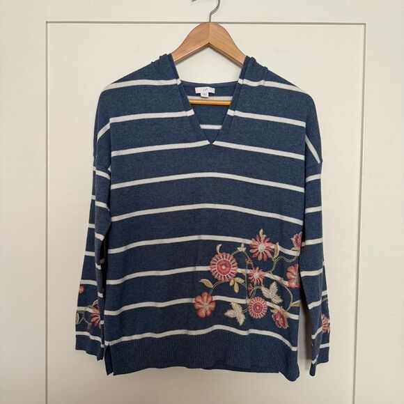 J Jill Sweater Sz XS Petite Blue Striped V Neck Embroidered Hooded Oversized - Picture 1 of 14